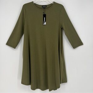 Romimona Womens Dress Olive Green With Pockets Long Sleeve Soft With Stretch NWT